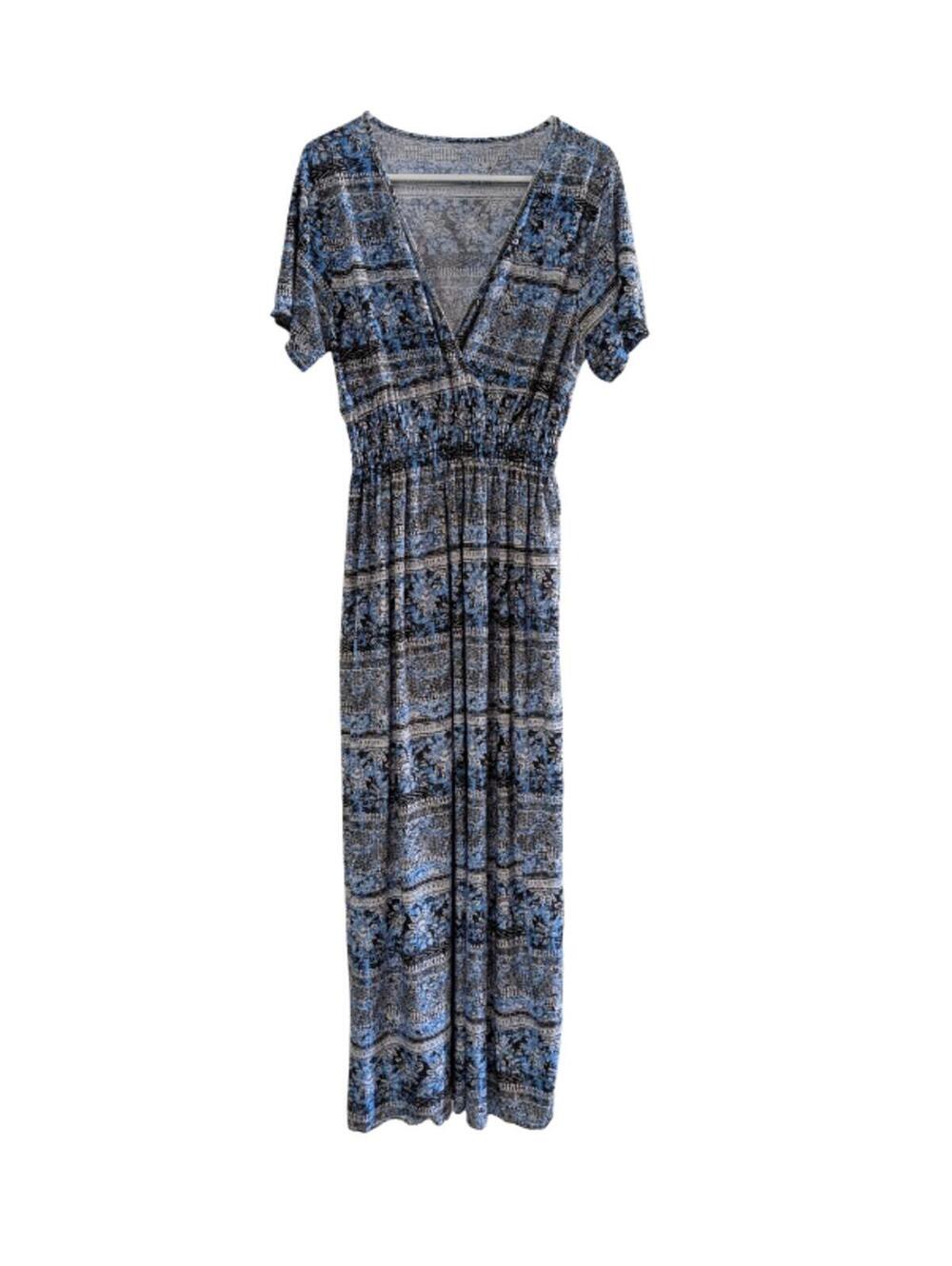 West Loop Women's Geometric Print Maxi Dress, Blue, Large, Smocked Waist, Boho